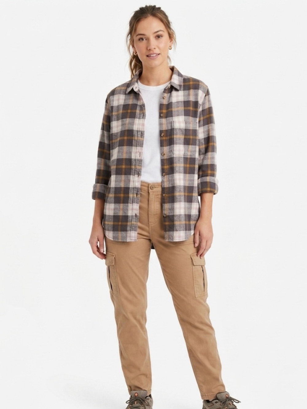 Aerie Flannel Plaid Button Down Shirt Pocket Charcoal Pink Yellow XS
